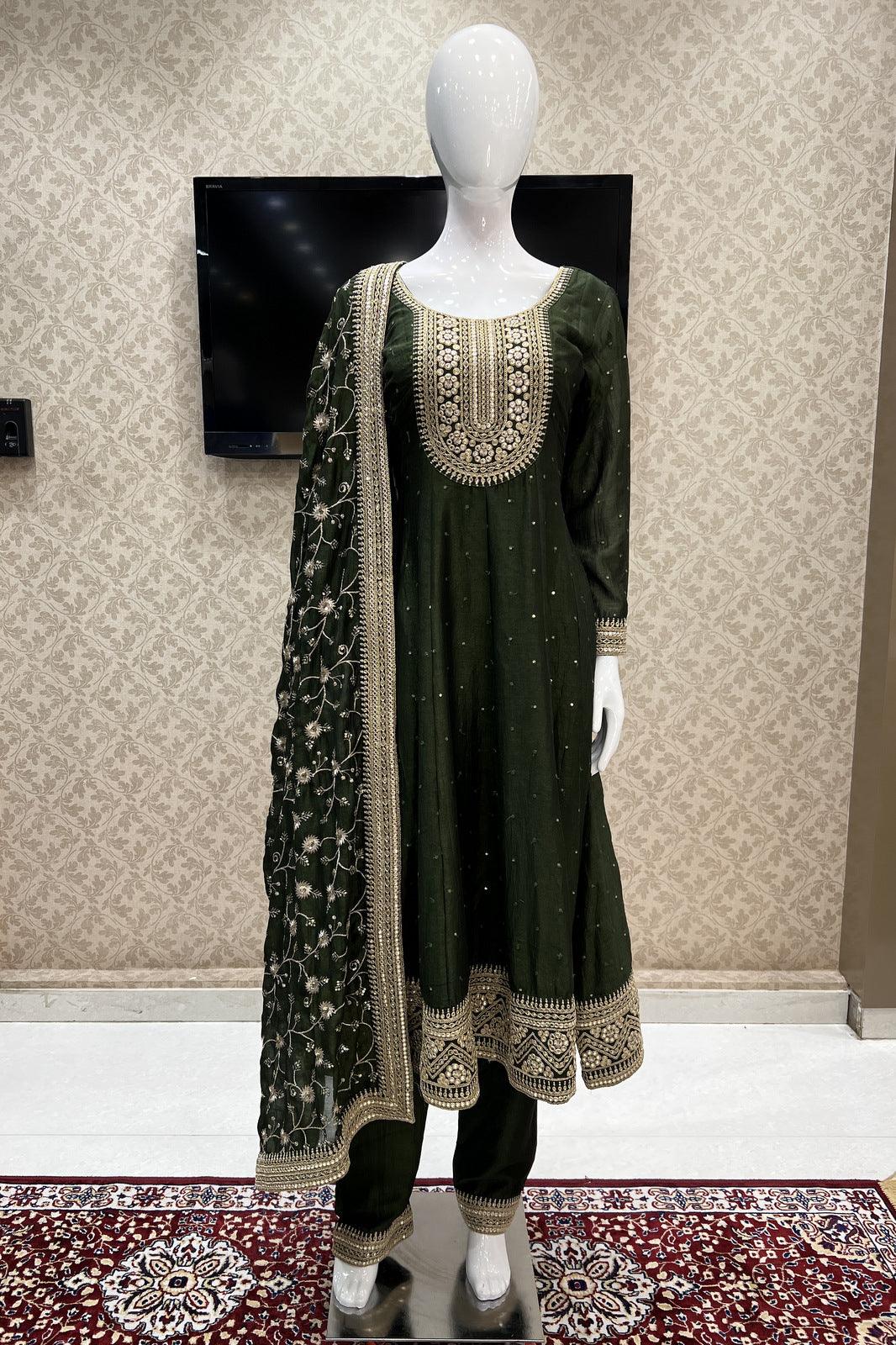Bottle Green Zari and Sequins work Anarkali Style Salwar Suit with Straight Pants - Seasons Chennai