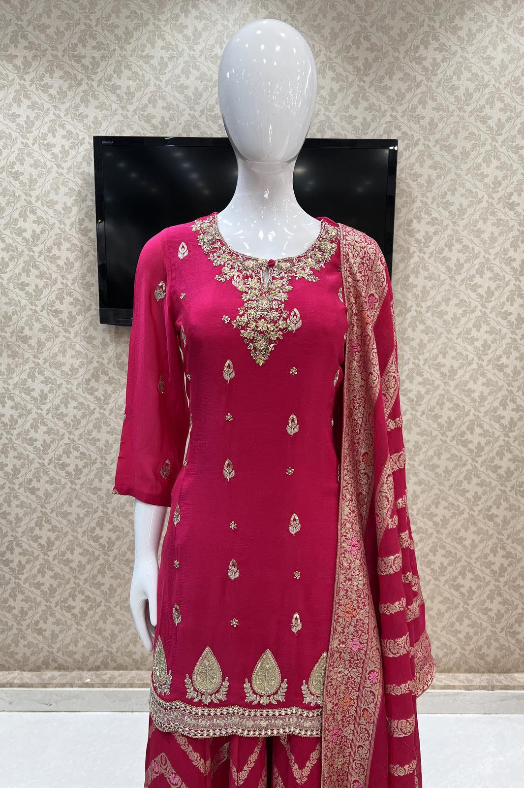 Rani Pink Zardozi, Zari, Beads, Sequins and Banaras work Palazzo Salwar Suit - Seasons Chennai
