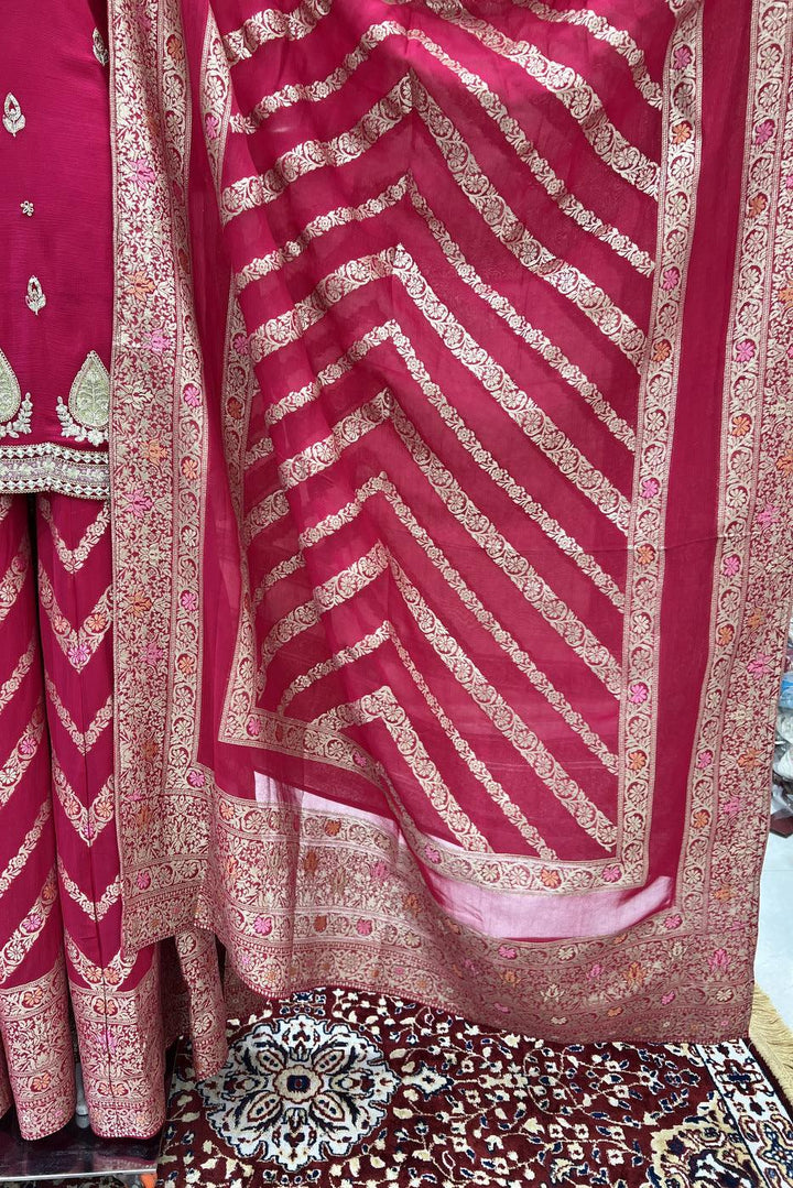 Rani Pink Zardozi, Zari, Beads, Sequins and Banaras work Palazzo Salwar Suit - Seasons Chennai