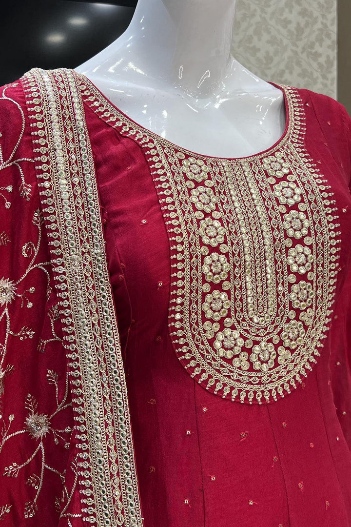 Rani Pink Zari and Sequins work Anarkali Style Salwar Suit with Straight Pants - Seasons Chennai