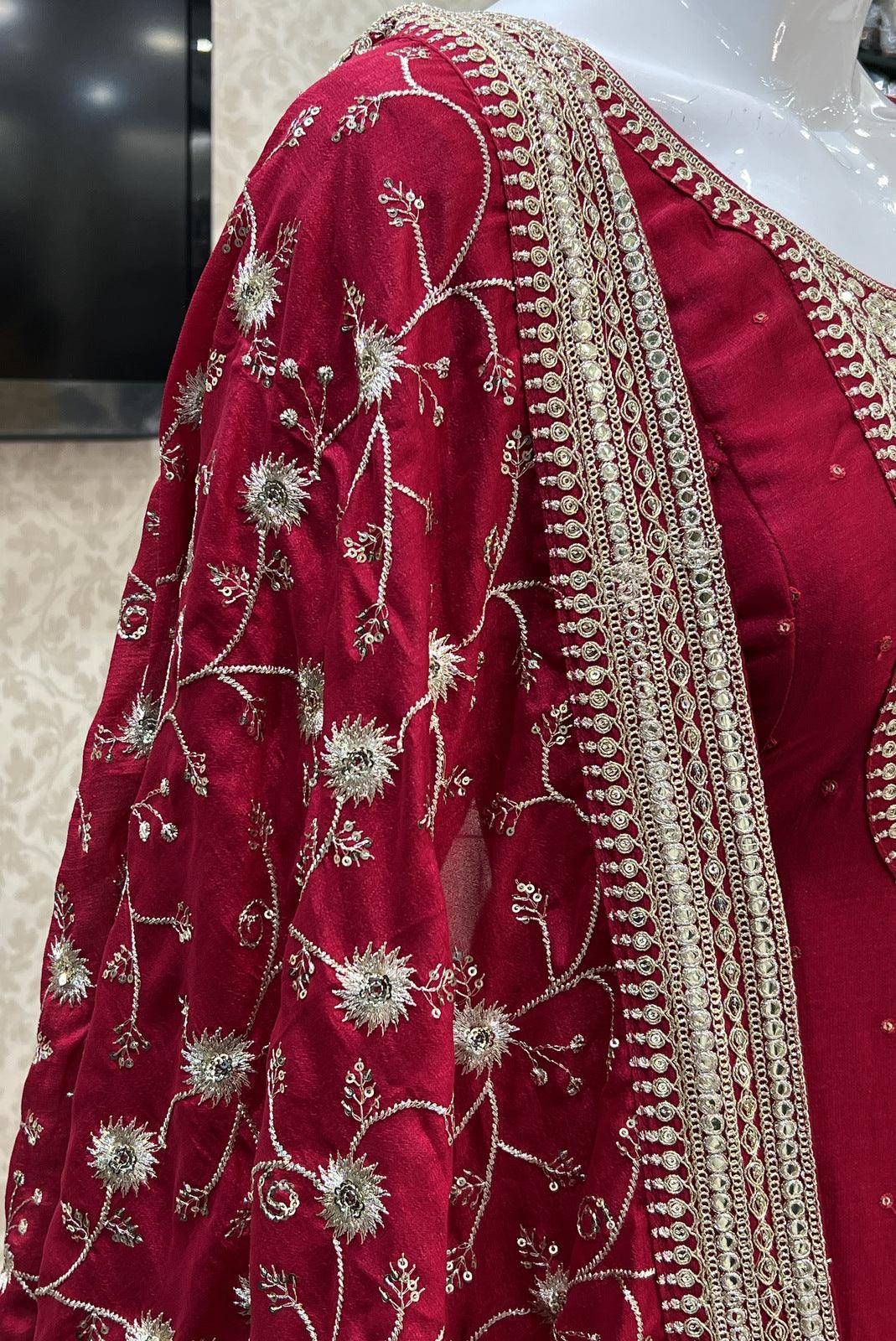 Rani Pink Zari and Sequins work Anarkali Style Salwar Suit with Straight Pants - Seasons Chennai