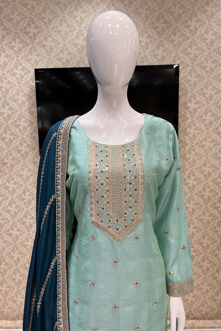 Sea Green Sequins, Zari and Thread work Straight Cut Salwar Suit - Seasons Chennai