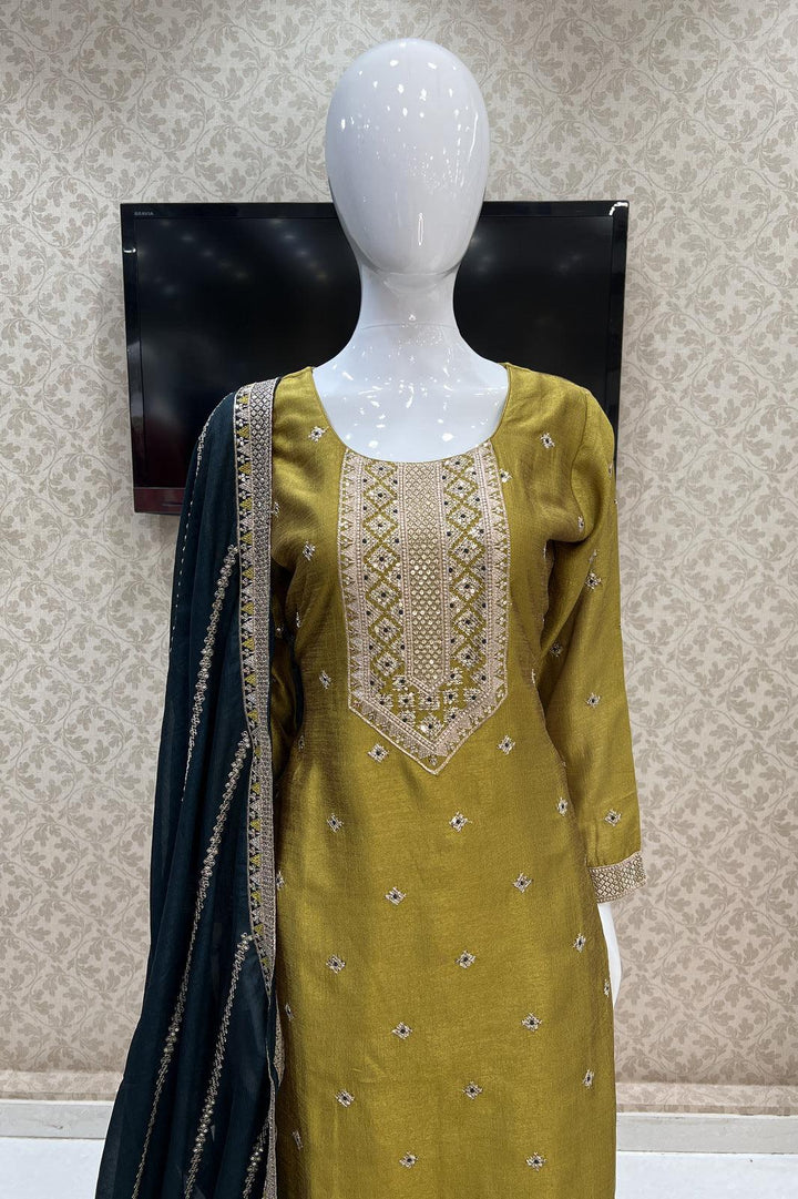 Mehendi Green Sequins, Zari and Thread work Straight Cut Salwar Suit - Seasons Chennai