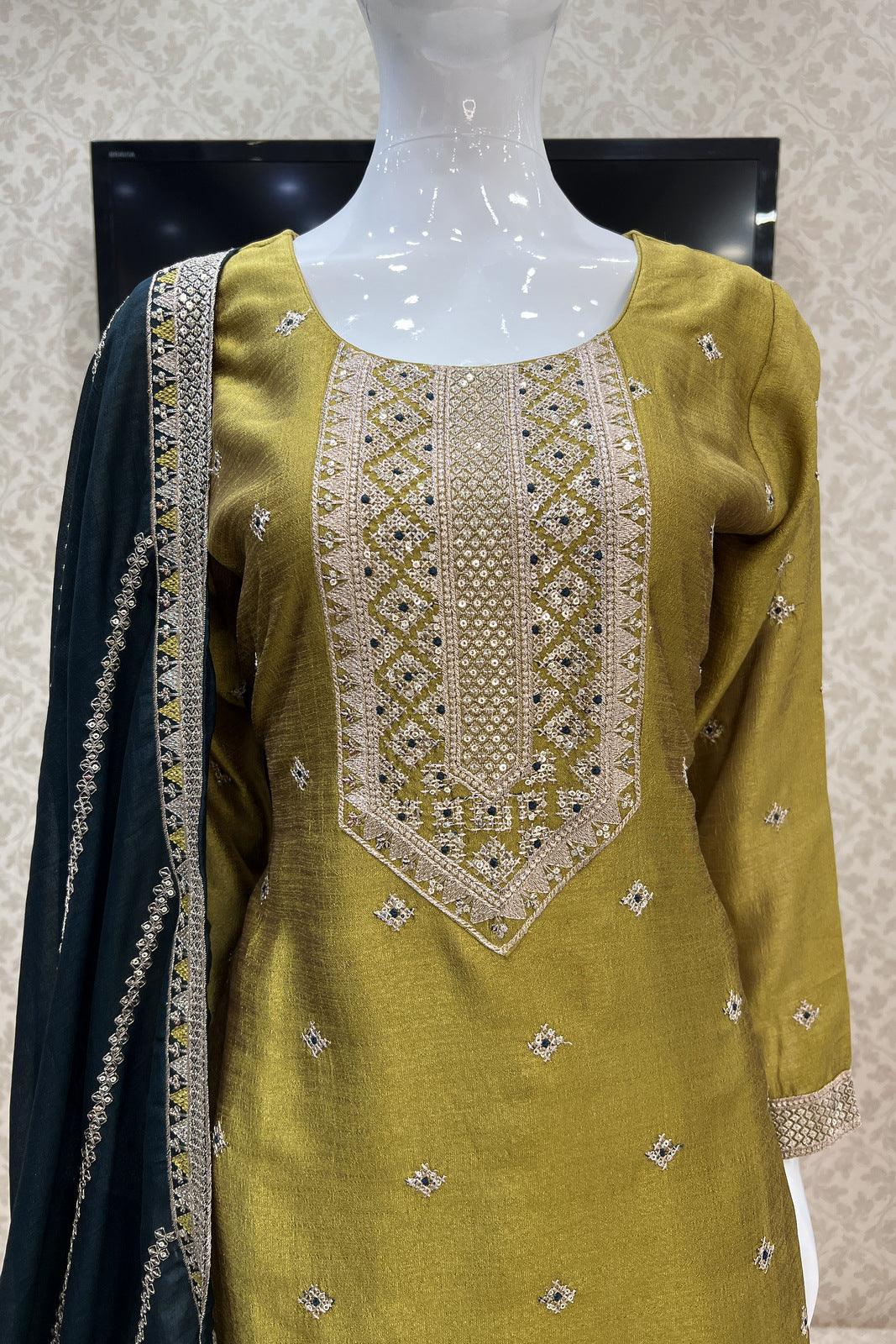 Mehendi Green Sequins, Zari and Thread work Straight Cut Salwar Suit - Seasons Chennai