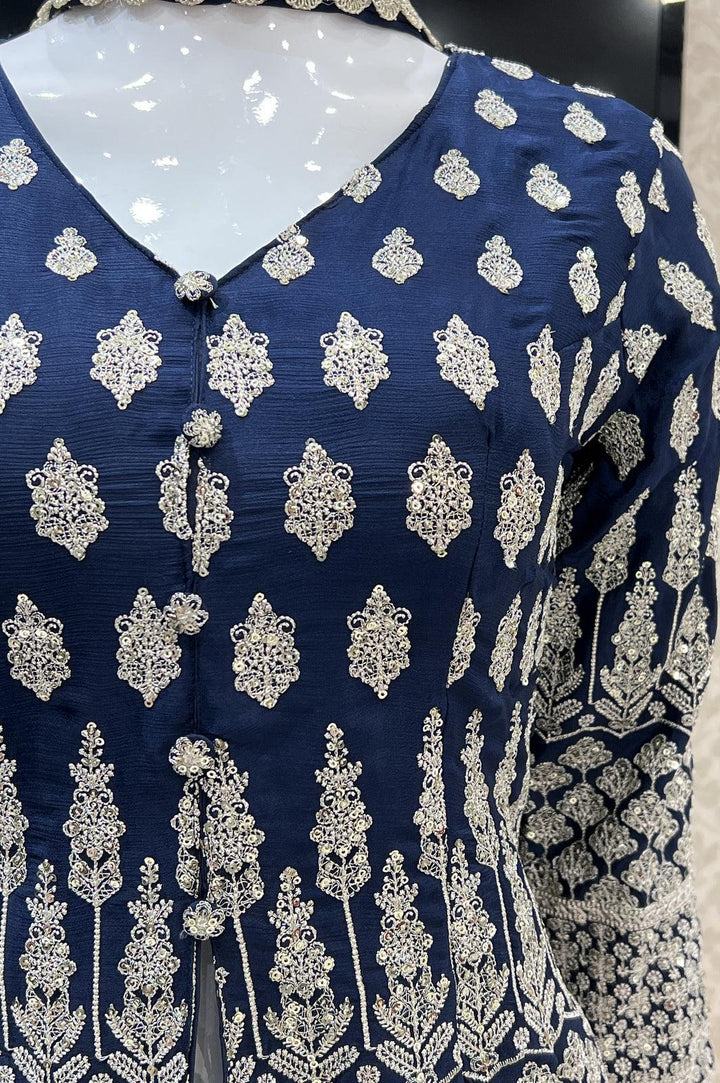 Navy Blue Silver Zari and Sequins work Palazzo Suit Set - Seasons Chennai