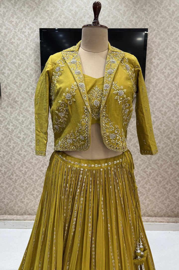 Mustard Stone, Sequins and Beads work Jacket Styled Crop Top Lehenga - Seasons Chennai