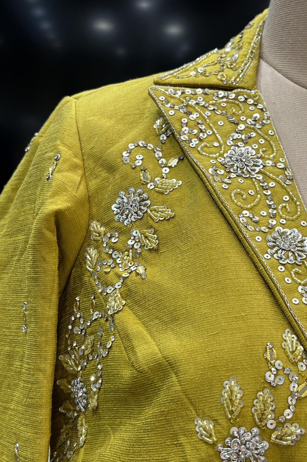 Mustard Stone, Sequins and Beads work Jacket Styled Crop Top Lehenga - Seasons Chennai