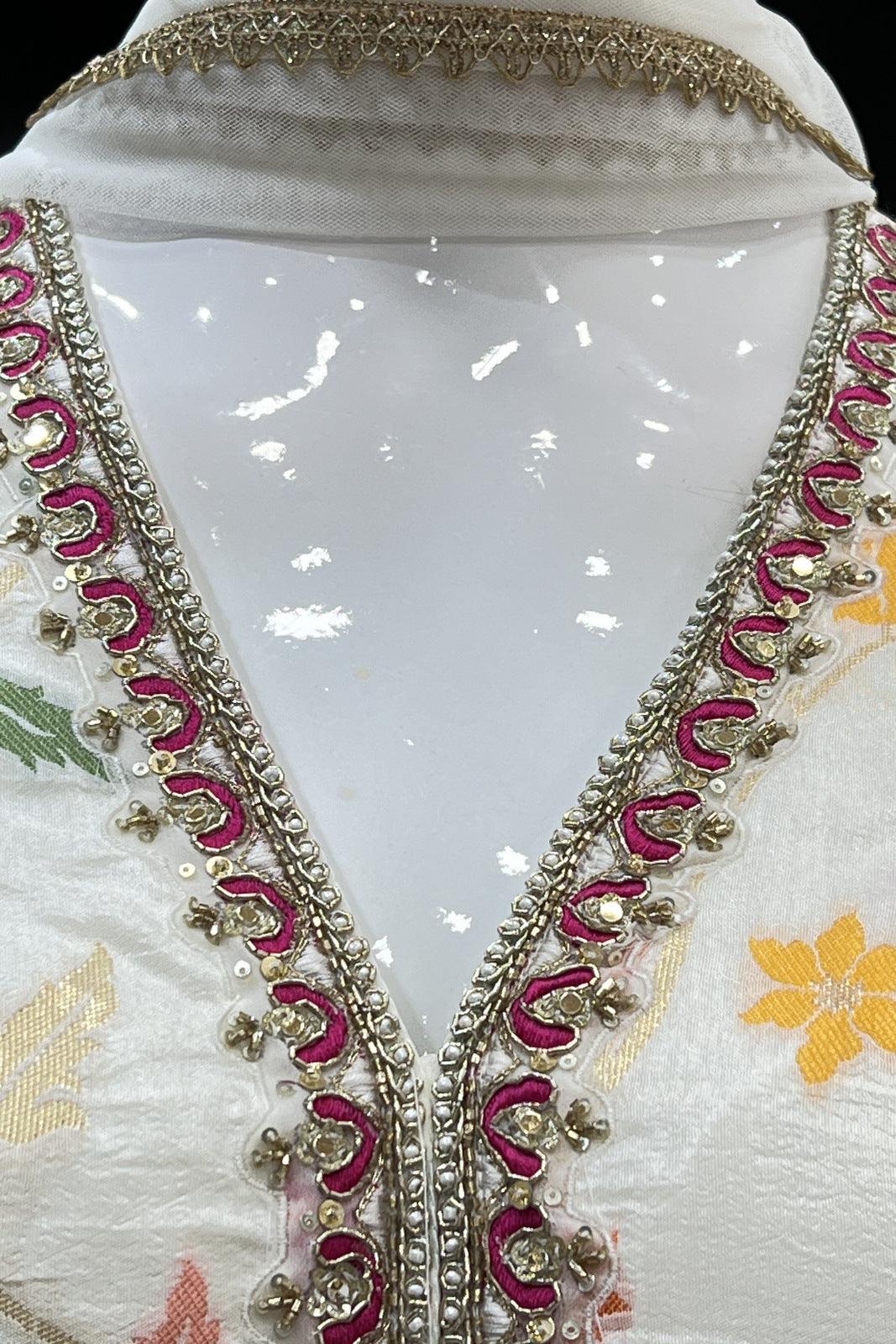 Cream Banaras, Beads and Sequins work Palazzo Salwar Suit - Seasons Chennai