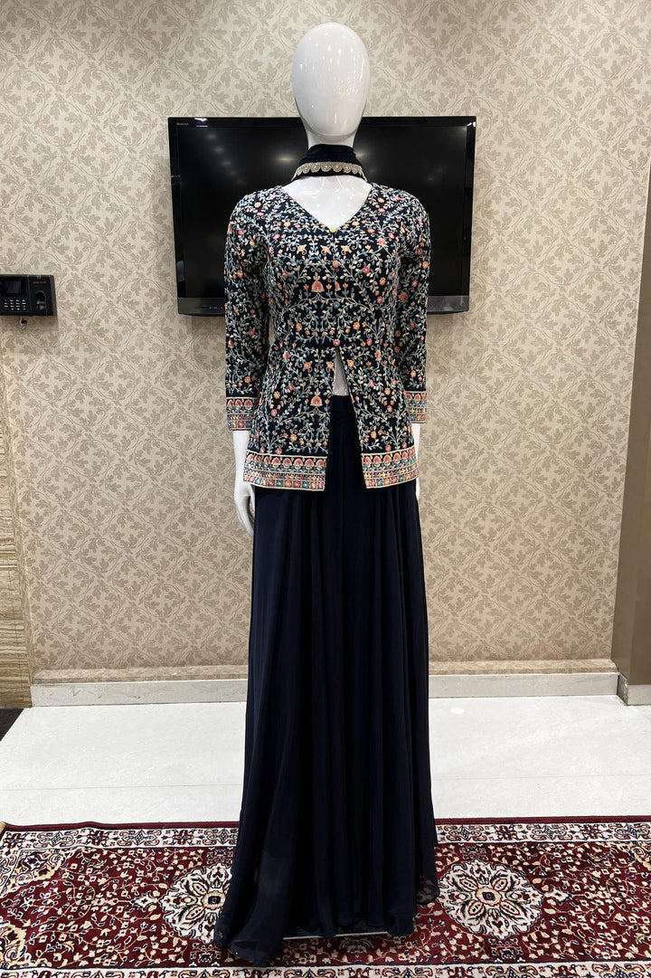 Navy Blue Multicolor Embroidery, Silver Zari and Sequins work Palazzo Suit Set - Seasons Chennai