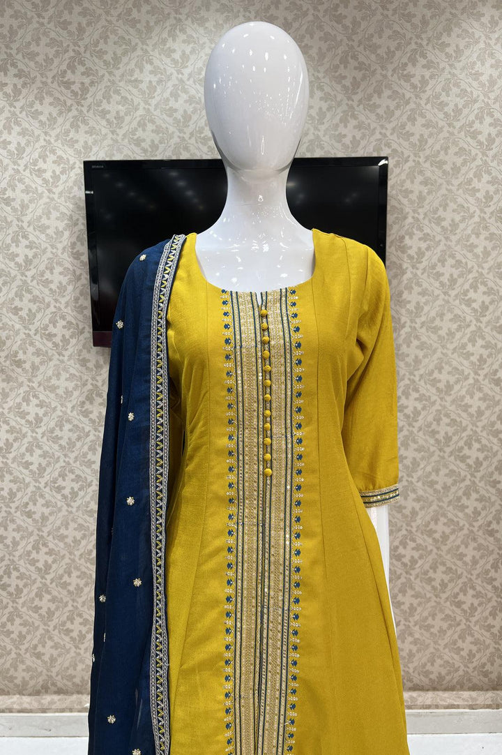 Yellow Sequins and Thread work Anarkali Style Salwar Suit with Straight Pants - Seasons Chennai