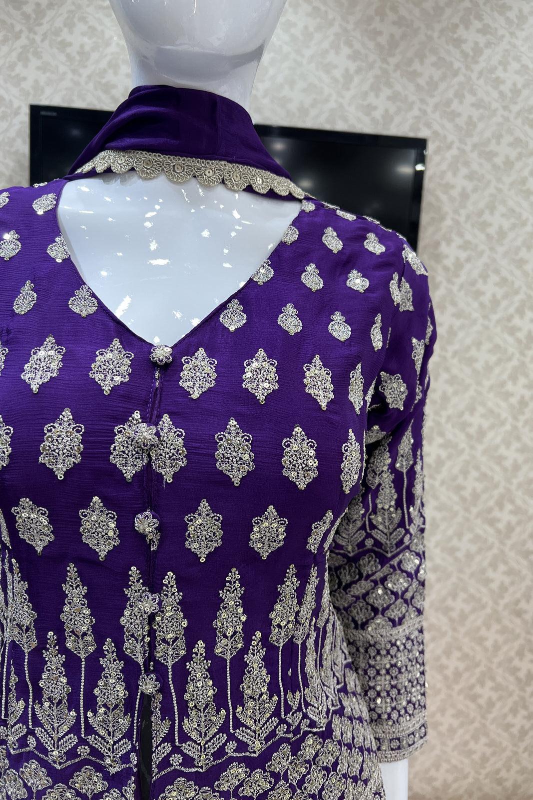 Purple Silver Zari and Sequins work Palazzo Suit Set - Seasons Chennai