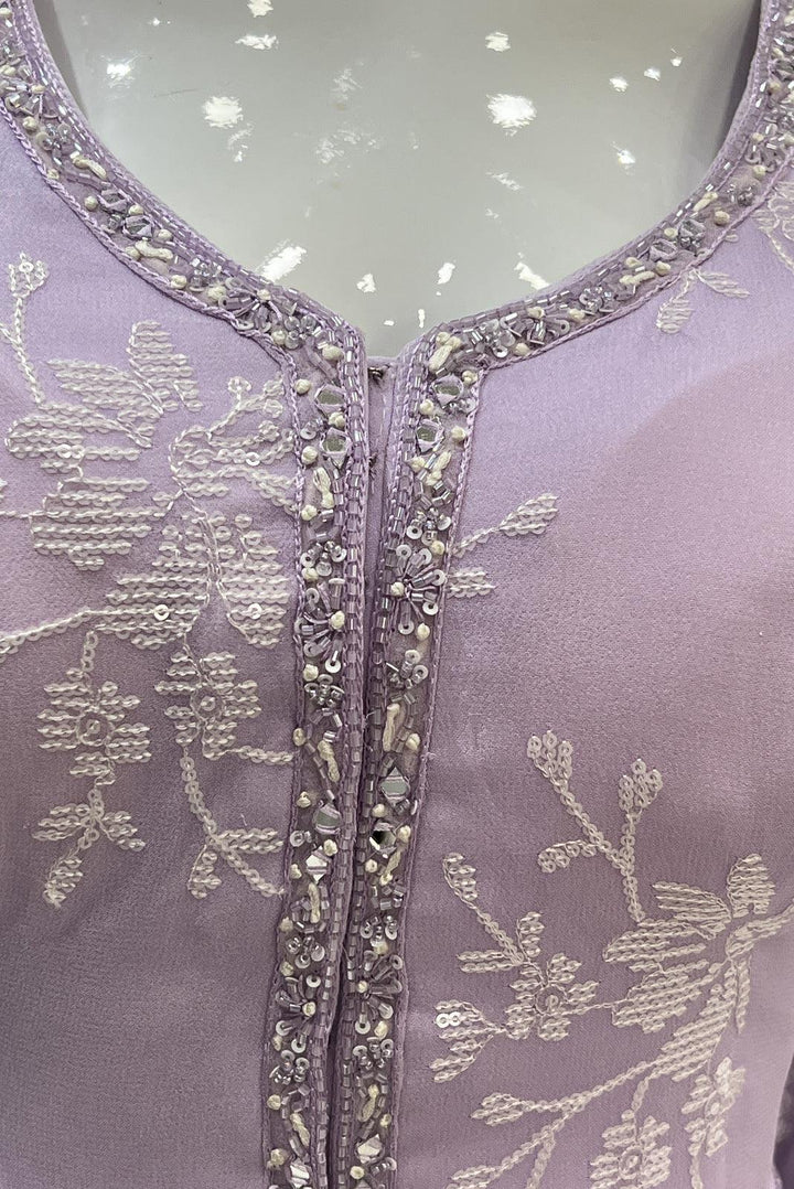 Lavender Sequins, Thread, Mirror and Beads work Palazzo Suit Set - Seasons Chennai