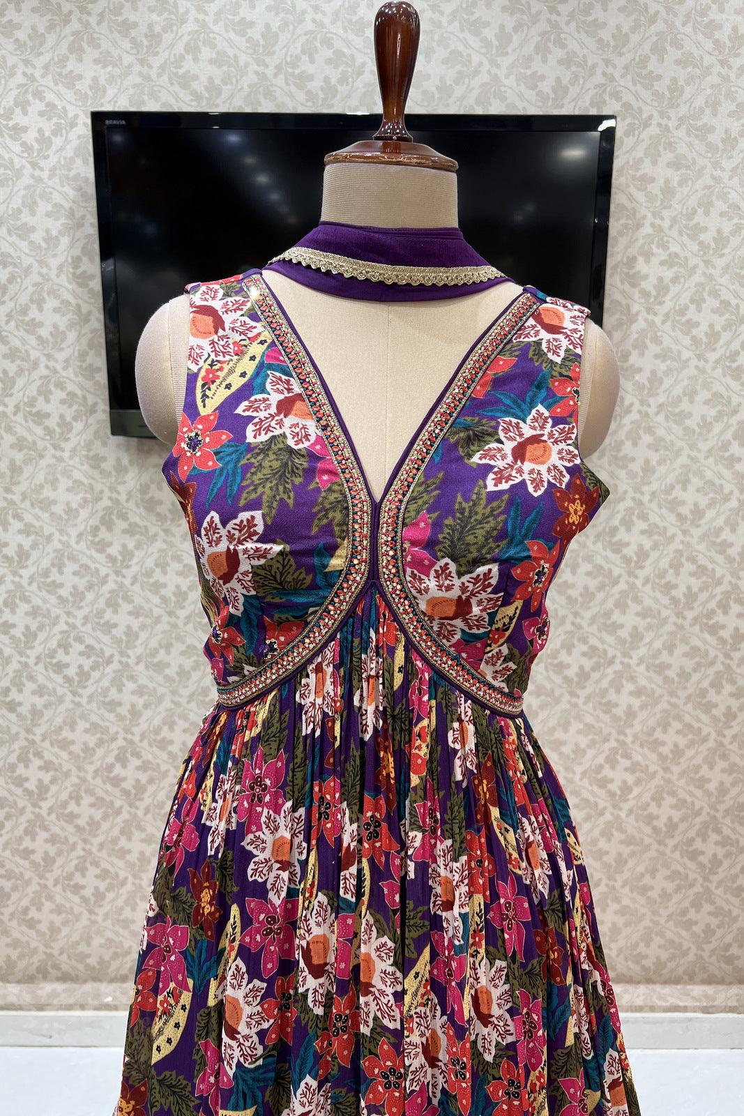 Purple Floral Print Floor Length Alia Cut Anarkali Suit - Seasons Chennai