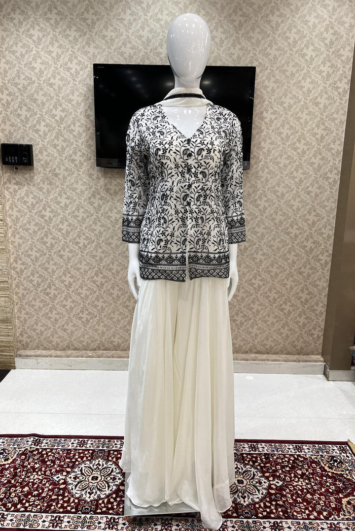 Half White Silver Zari and Sequins work Palazzo Suit Set - Seasons Chennai