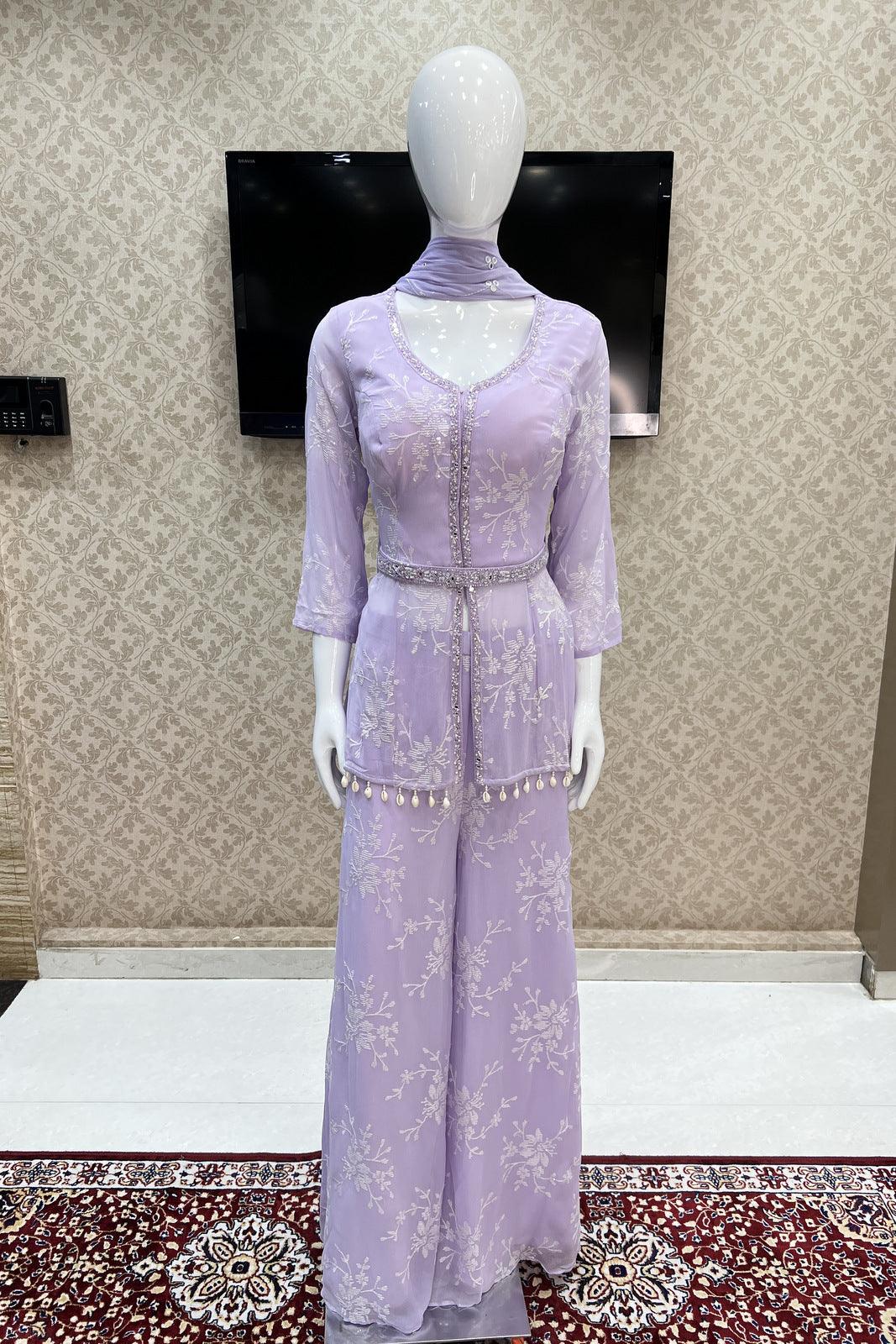 Lavender Sequins, Thread, Mirror and Beads work Palazzo Suit Set - Seasons Chennai