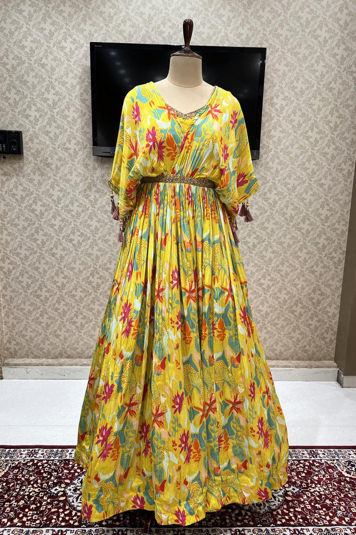 Yellow Poncho Styled Floral Print Floor Length Anarkali Suit - Seasons Chennai