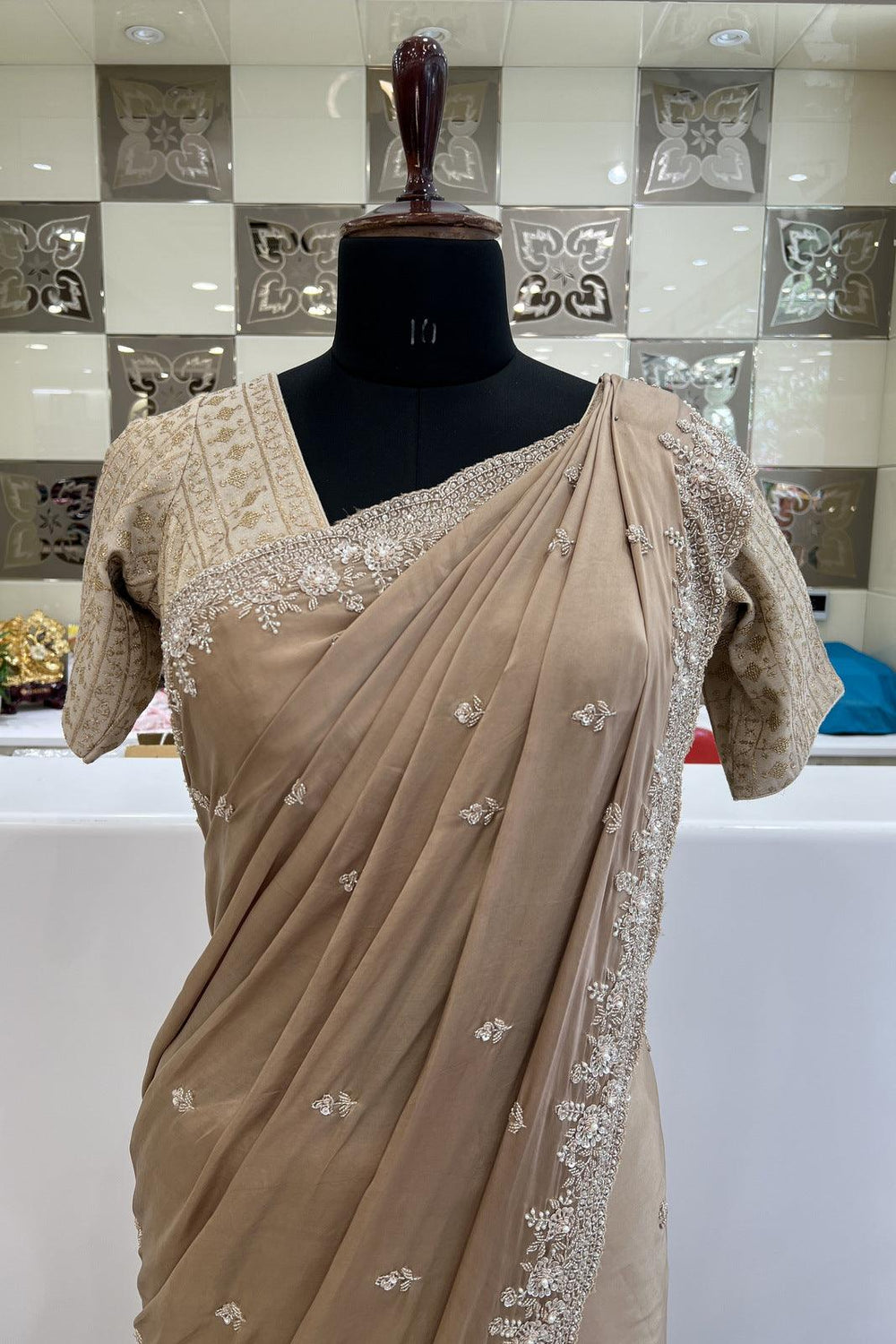 Beige Beads, Sequins and Pearl work Saree with Matching Unstitched Designer Blouse - Seasons Chennai