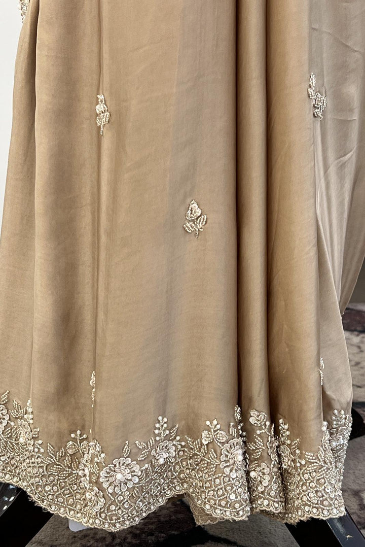 Beige Beads, Sequins and Pearl work Saree with Matching Unstitched Designer Blouse - Seasons Chennai