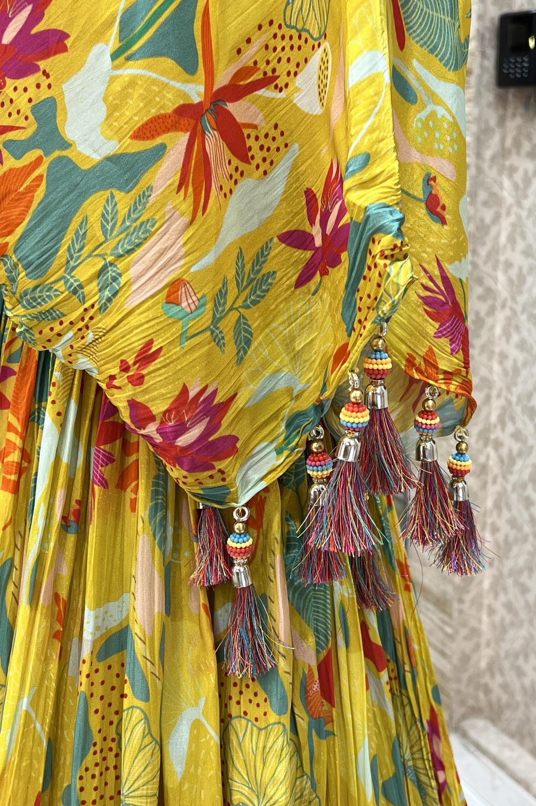 Yellow Poncho Styled Floral Print Floor Length Anarkali Suit - Seasons Chennai