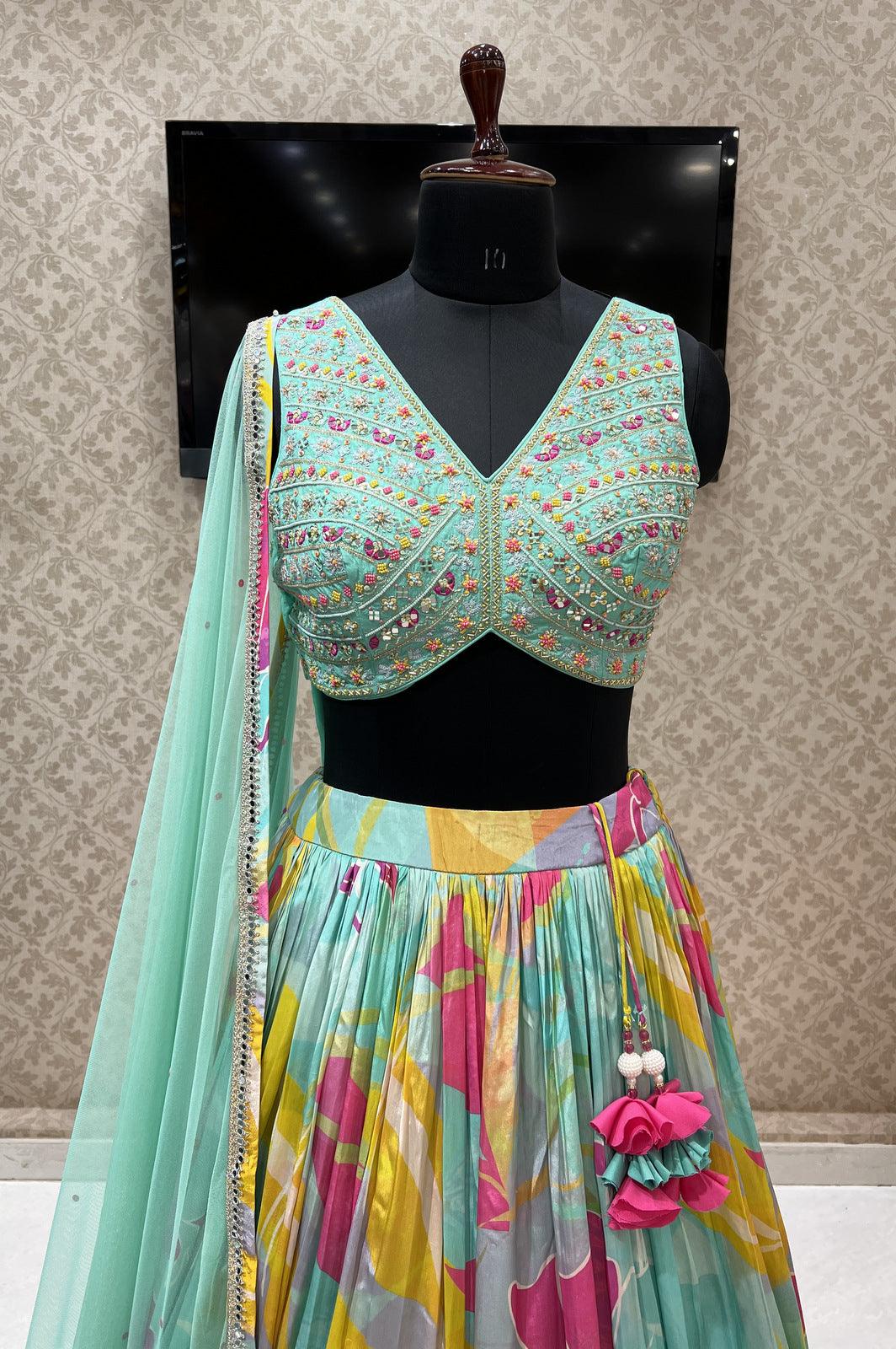 Sea Green with Multicolor Digital Print, Pearl and Sequins work Crop Top Lehenga - Seasons Chennai