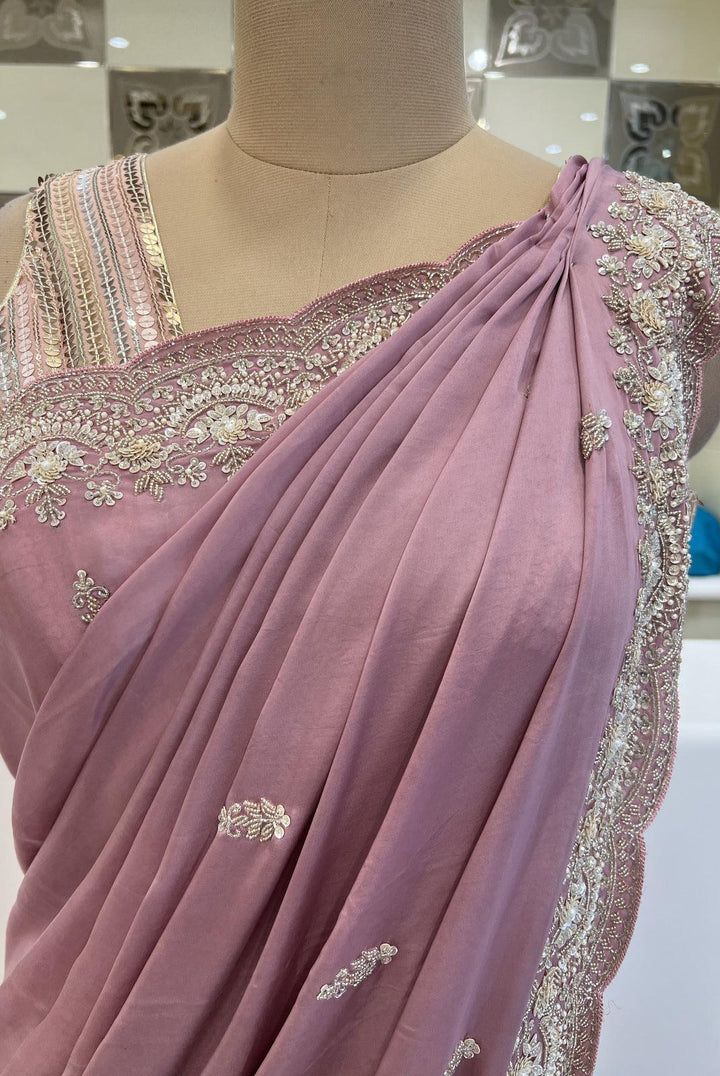 Onion Beads, Sequins and Pearl work Saree with Matching Unstitched Designer Blouse - Seasons Chennai