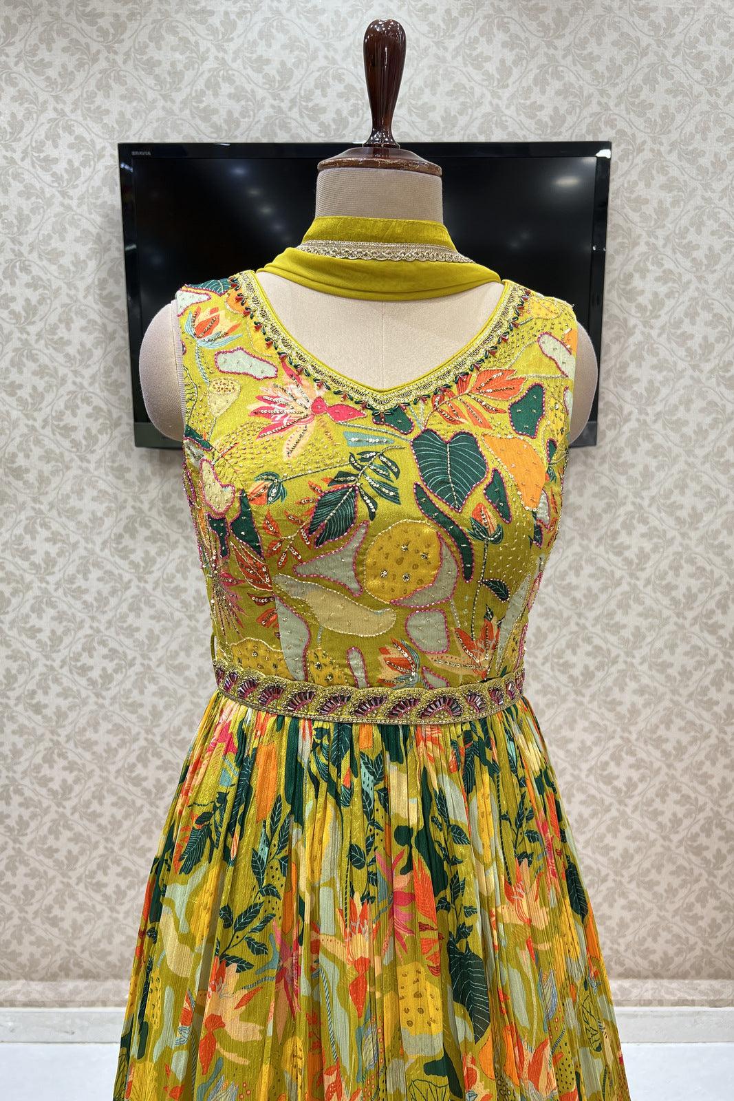 Green Floral Print Floor Length Anarkali Suit with Belt - Seasons Chennai