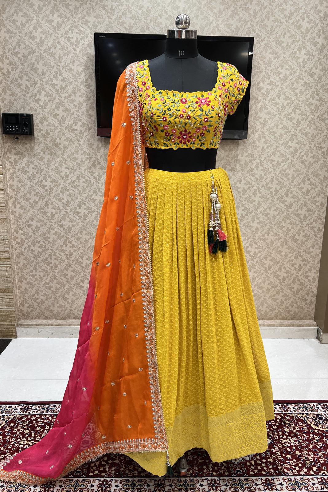 Yellow Pearl and Beads work with Multicolor Embroidery Crop Top Lehenga - Seasons Chennai