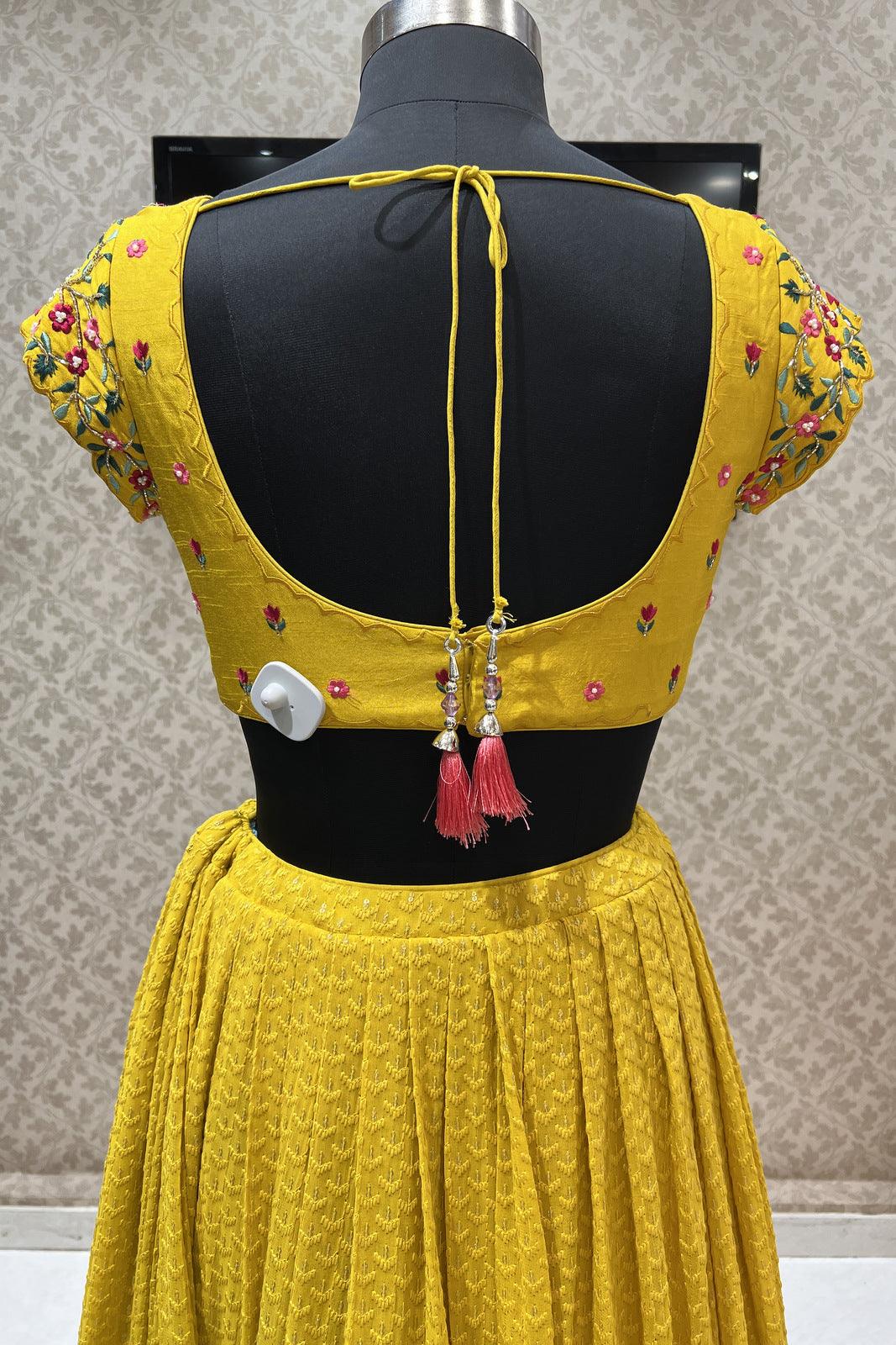 Yellow Pearl and Beads work with Multicolor Embroidery Crop Top Lehenga - Seasons Chennai