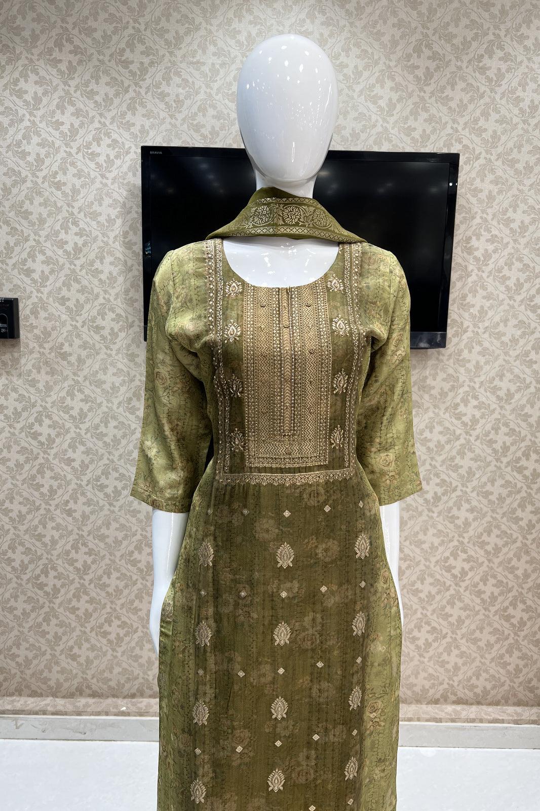 Mehendi Green Beads and Banaras work with Digital Print Straight Cut Salwar Suit - Seasons Chennai
