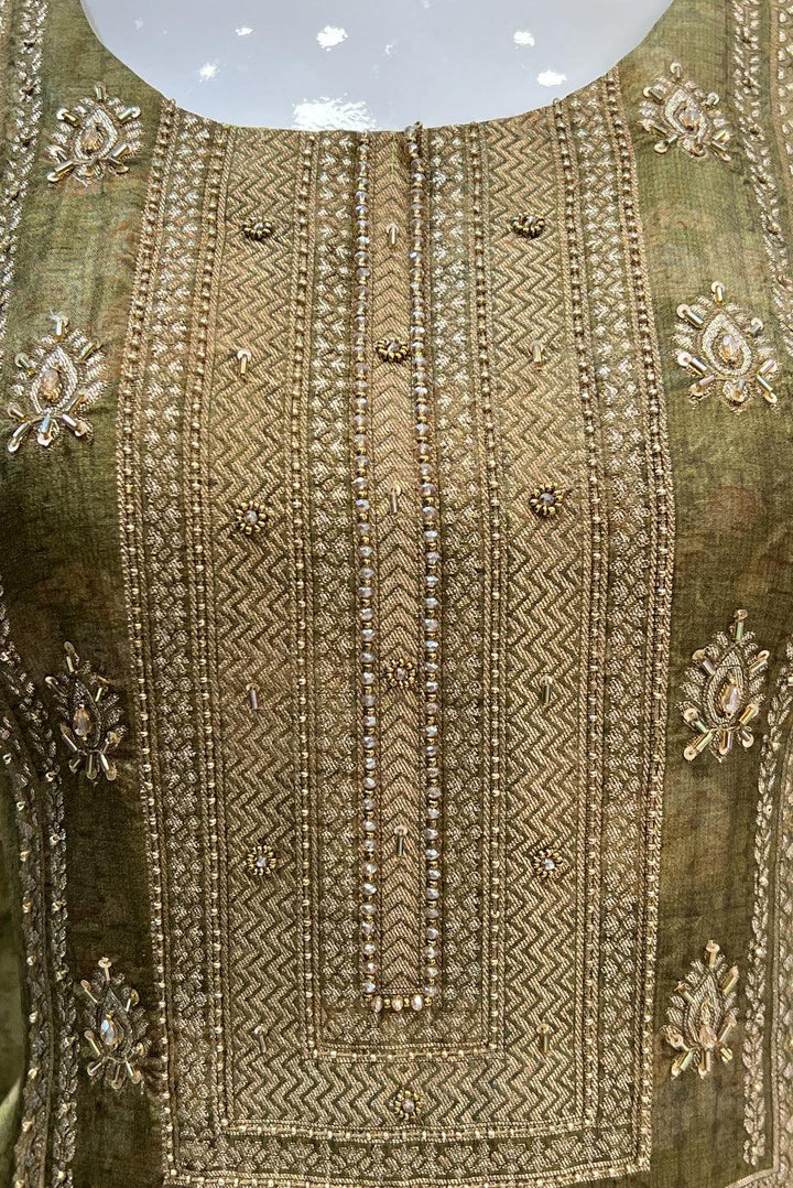 Mehendi Green Beads and Banaras work with Digital Print Straight Cut Salwar Suit - Seasons Chennai