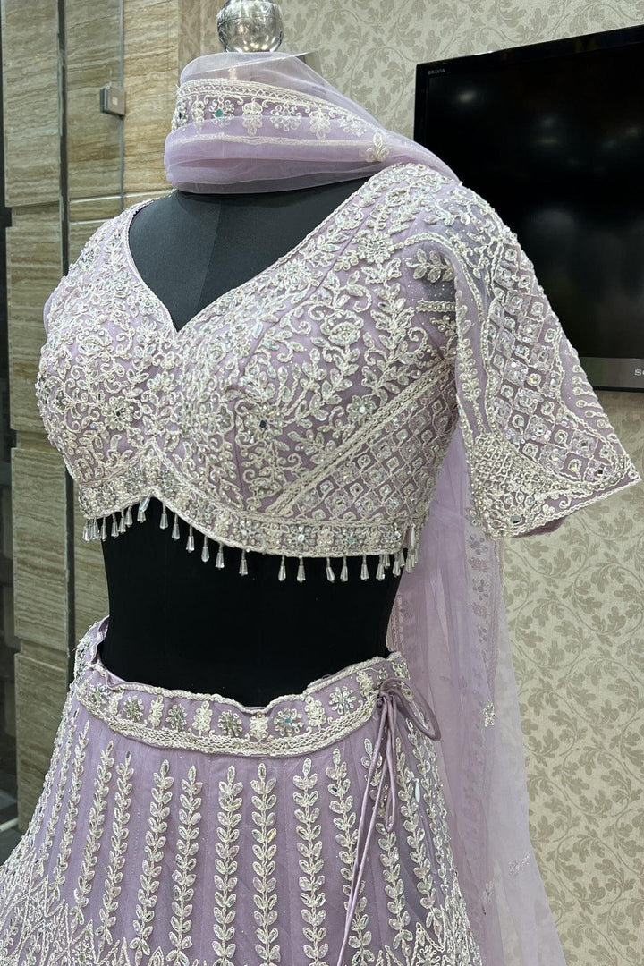 Light Lavender Thread, Stone and Mirror work Crop Top Designer Bridal Lehenga - Seasons Chennai