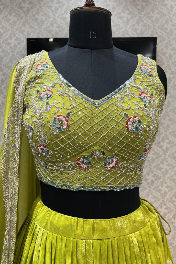Liril Green Zari, Beads and Sequins work with Digital Print Crop Top Lehenga - Seasons Chennai