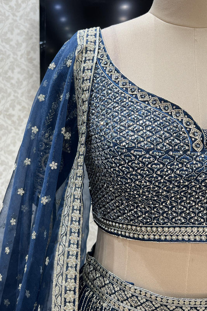 Peacock Blue Stone, Zardozi, Pearl, Sequins and Zari work Crop Top Lehenga - Seasons Chennai