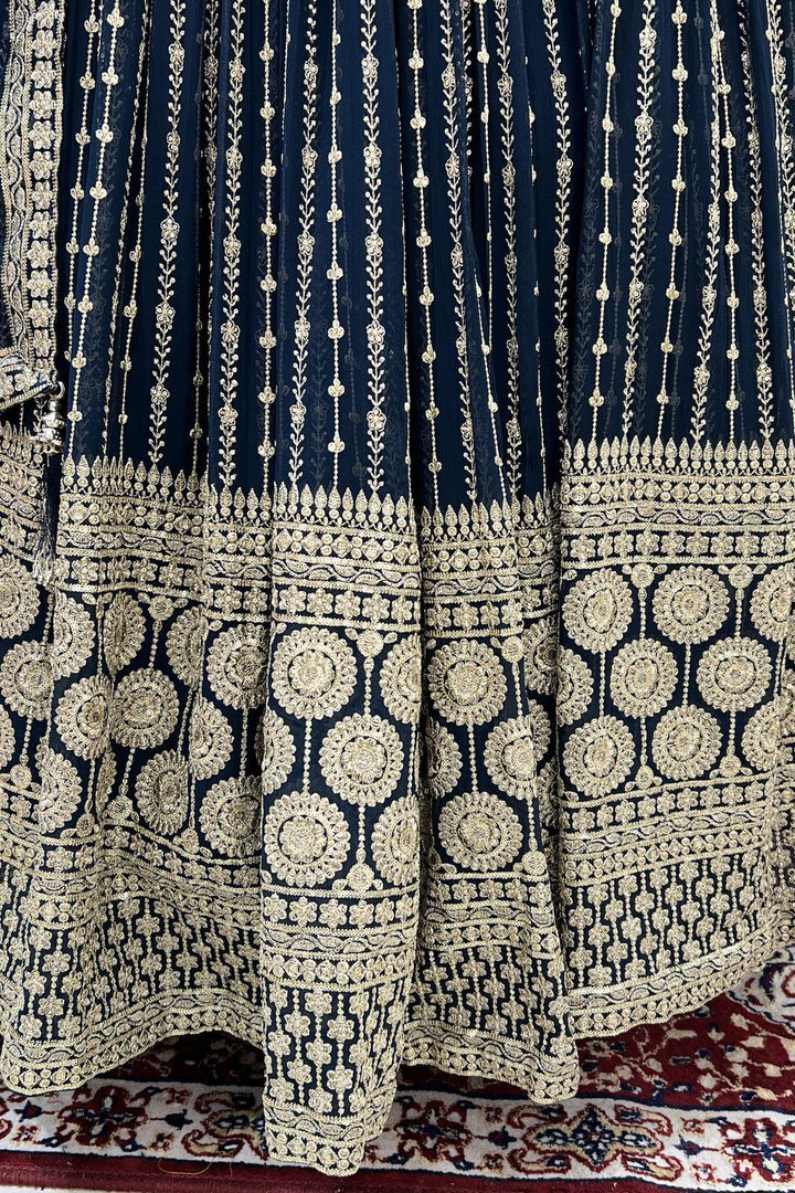 Peacock Blue Stone, Zardozi, Pearl, Sequins and Zari work Crop Top Lehenga - Seasons Chennai