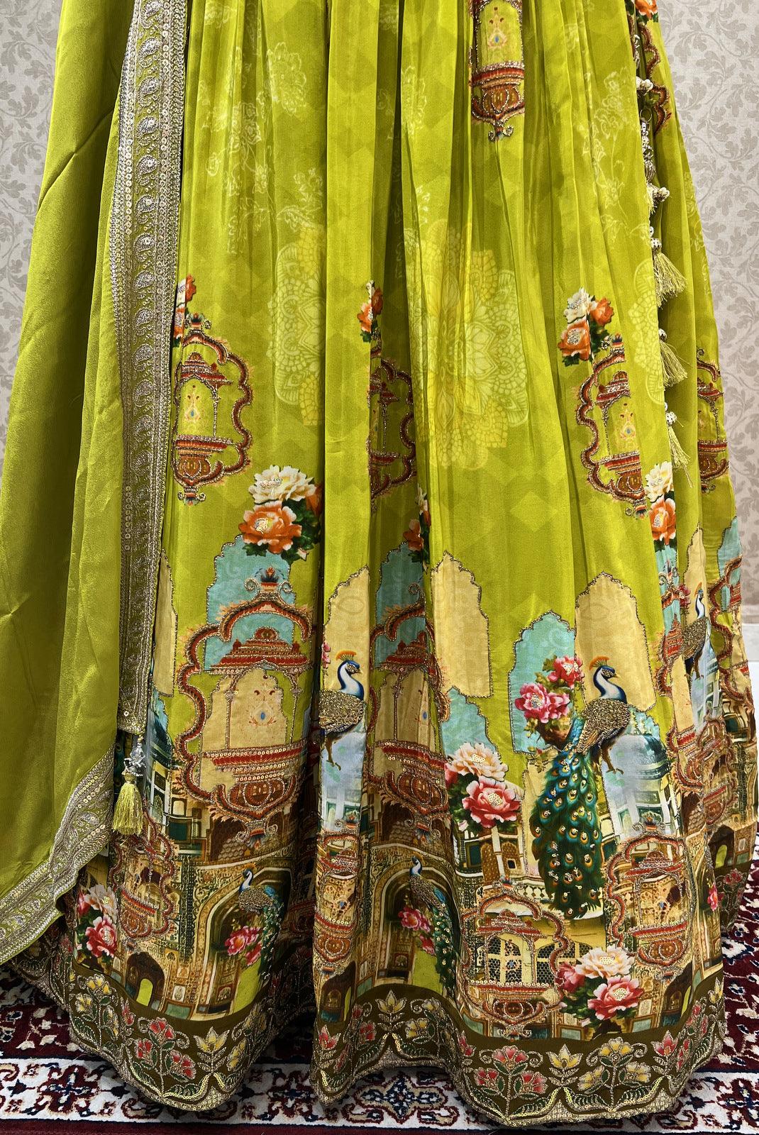 Liril Green Zari, Beads and Sequins work with Digital Print Crop Top Lehenga - Seasons Chennai