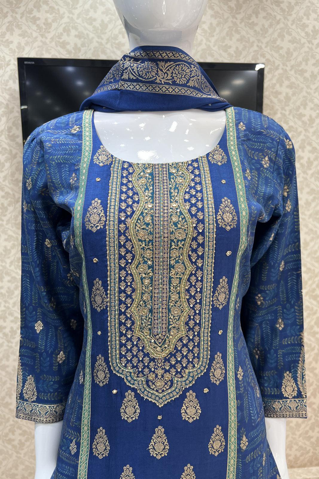 Blue Sequins, Zardozi and Banaras work with Digital Print Straight Cut Salwar Suit - Seasons Chennai