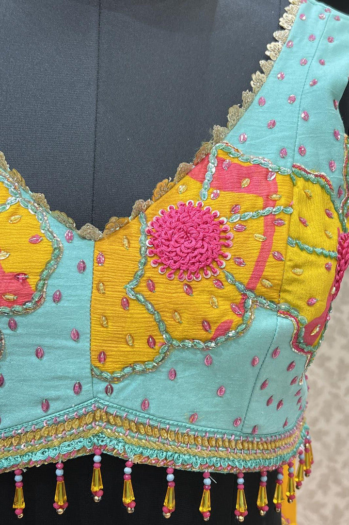Sea Green with Yellow Beads and Thread work with Digital Print Crop Top Lehenga - Seasons Chennai