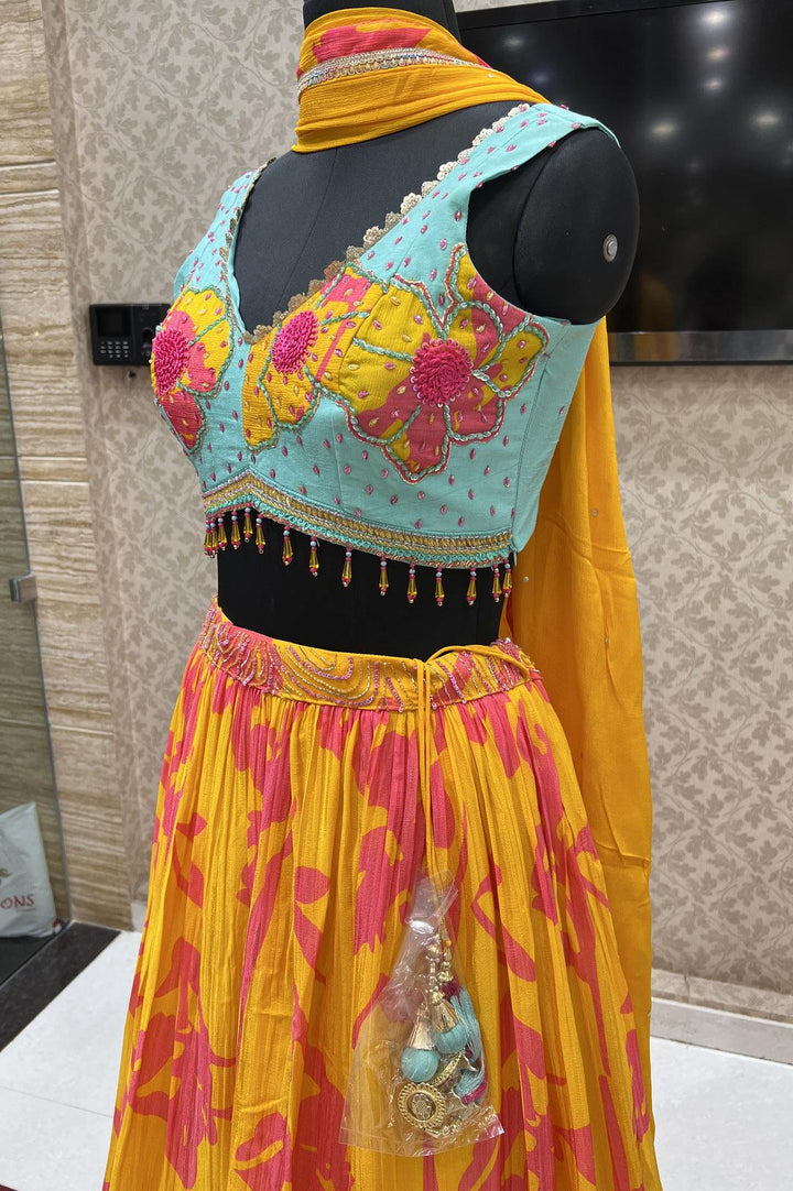 Sea Green with Yellow Beads and Thread work with Digital Print Crop Top Lehenga - Seasons Chennai