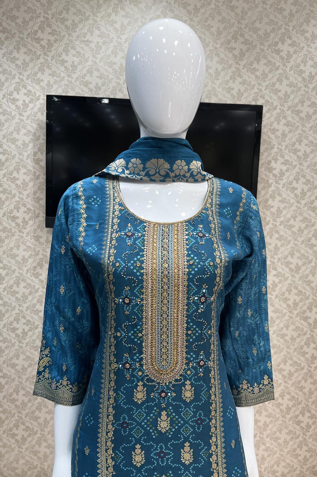 Teal Blue Sequins, Zardozi and Banaras work with Digital Print Straight Cut Salwar Suit - Seasons Chennai