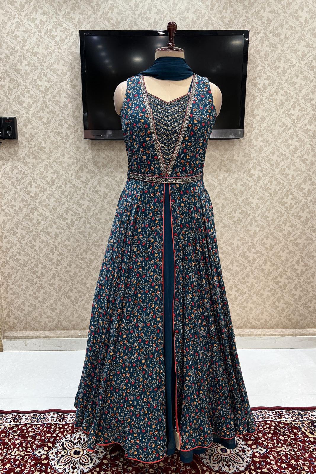 Peacock Blue Multicolor Digital Print, Stone, Zardozi and Thread work Floor Length Anarkali Suit - Seasons Chennai