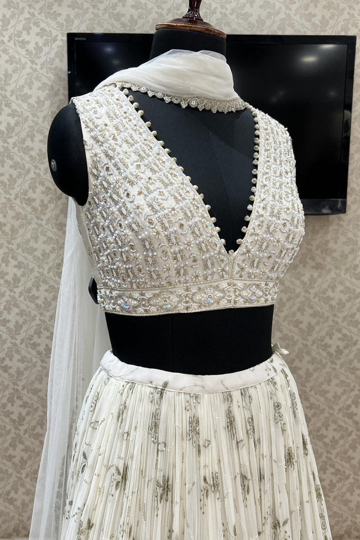Half White Beads, Pearl, Stone, Sequins and Zari work Crop Top Lehenga - Seasons Chennai
