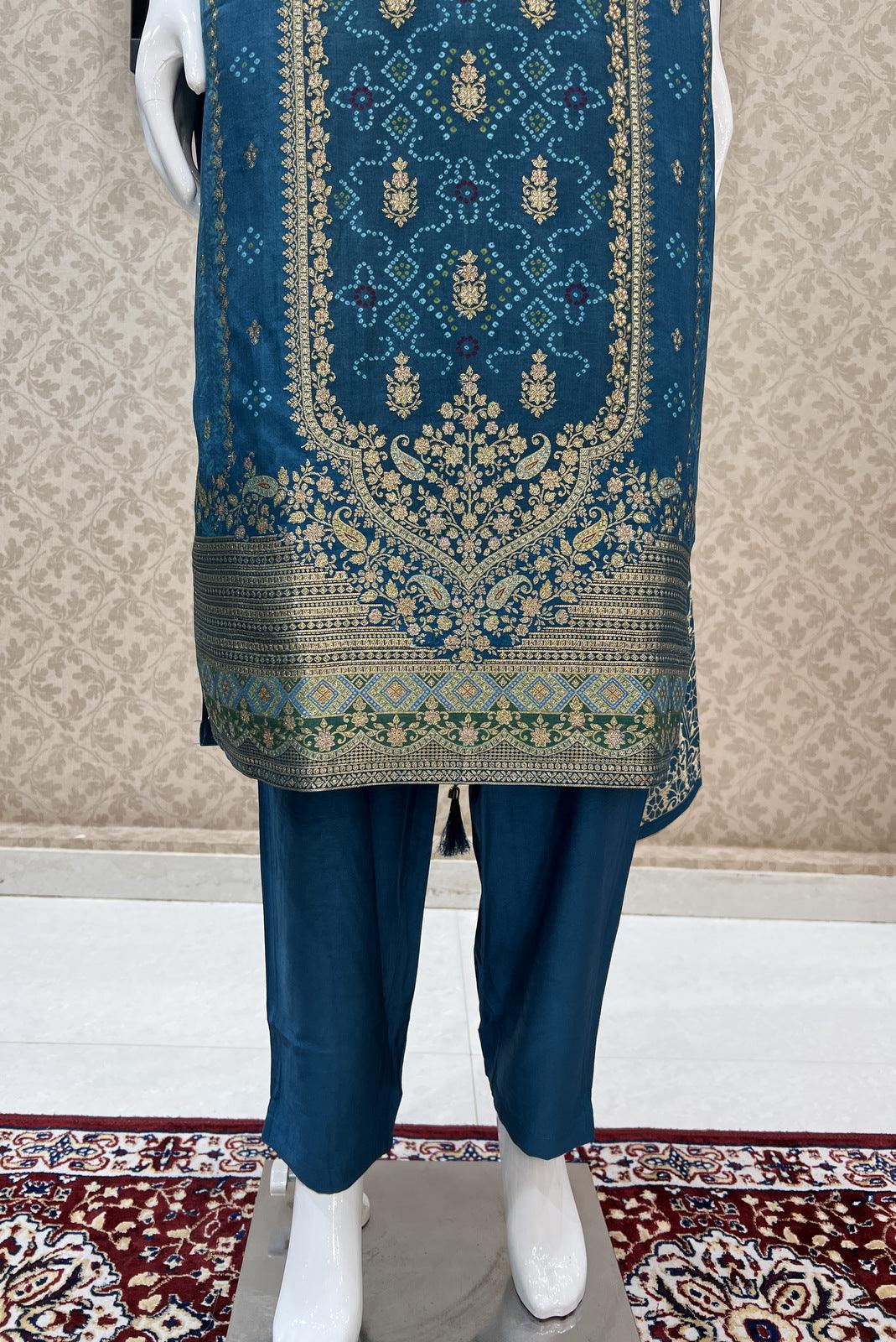 Teal Blue Sequins, Zardozi and Banaras work with Digital Print Straight Cut Salwar Suit - Seasons Chennai