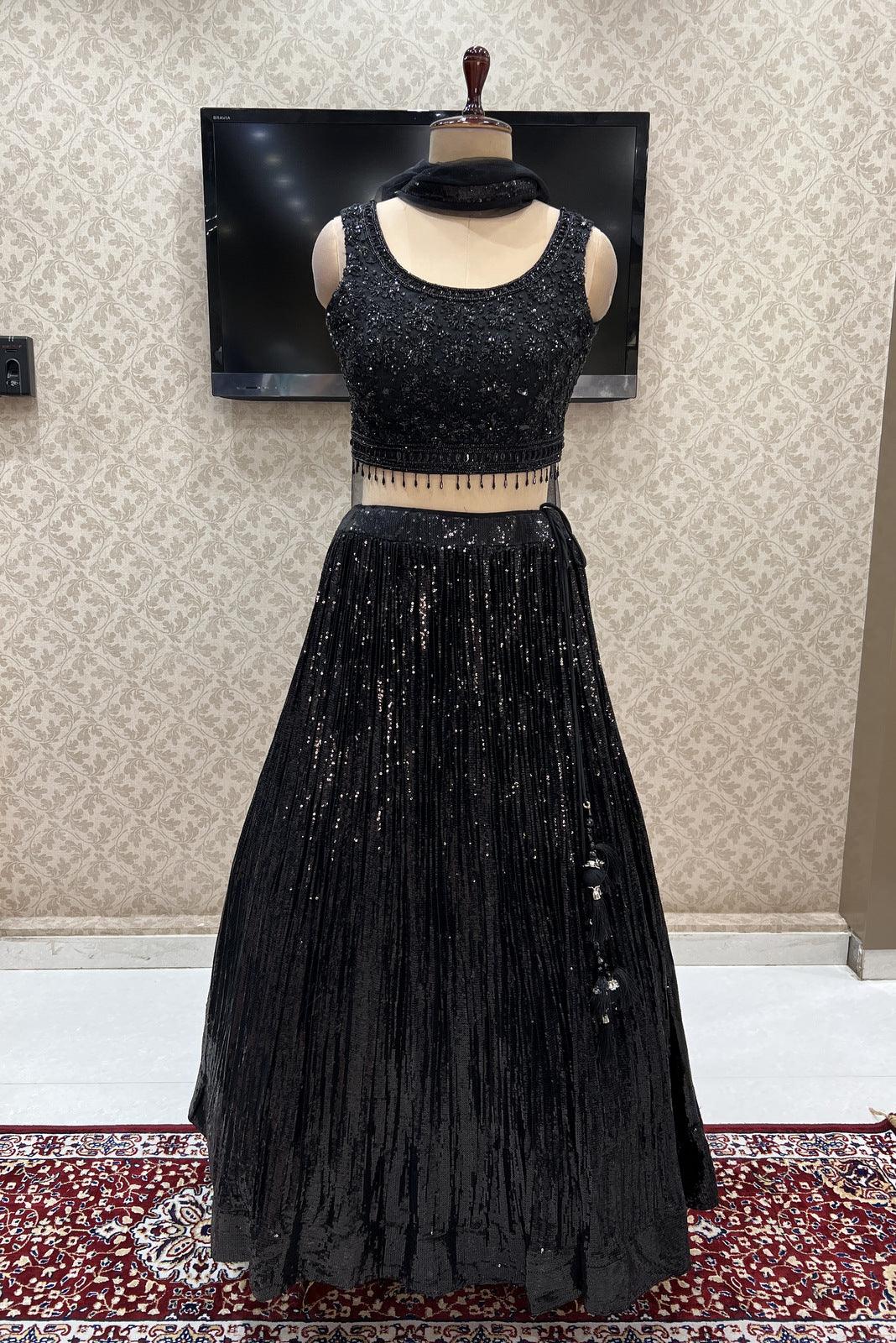 Black Beads and Sequins work Crop Top Lehenga - Seasons Chennai