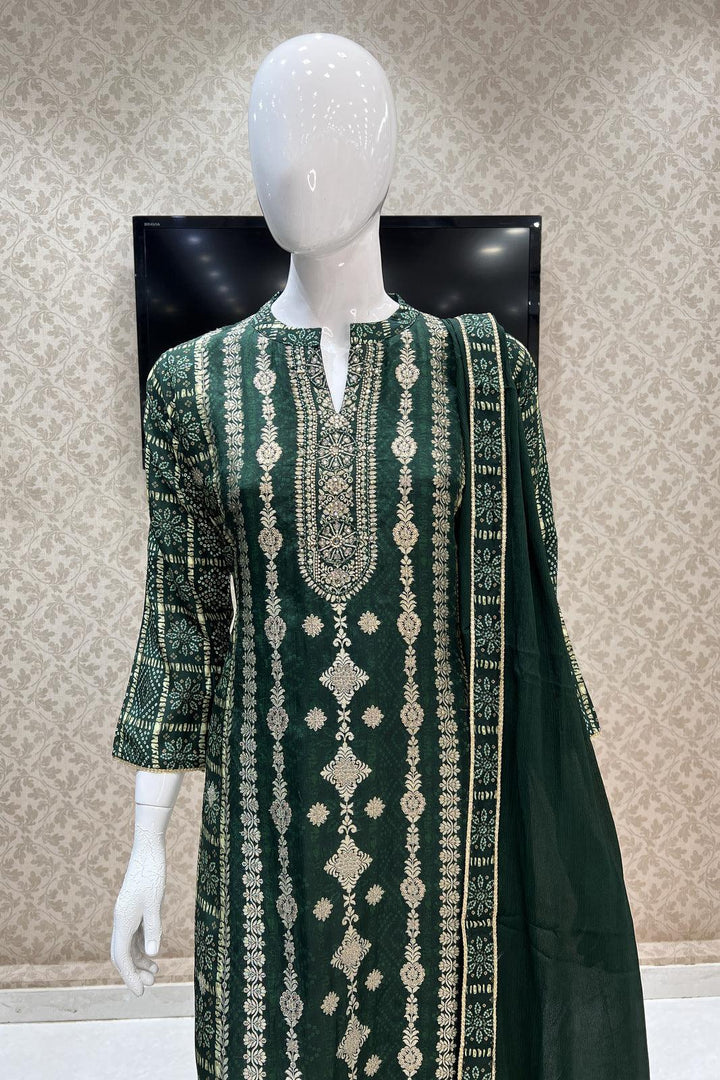 Green Banaras, Pearl and Sequins work with Bandini Print Straight Cut Salwar Suit - Seasons Chennai