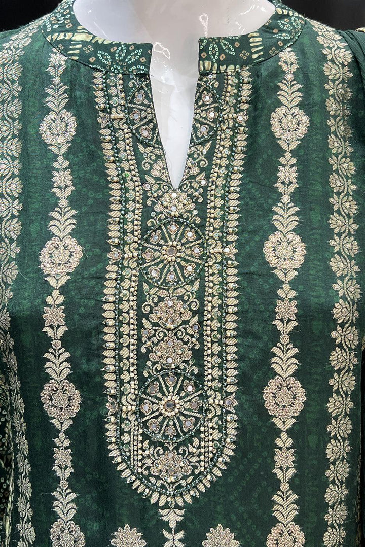 Green Banaras, Pearl and Sequins work with Bandini Print Straight Cut Salwar Suit - Seasons Chennai
