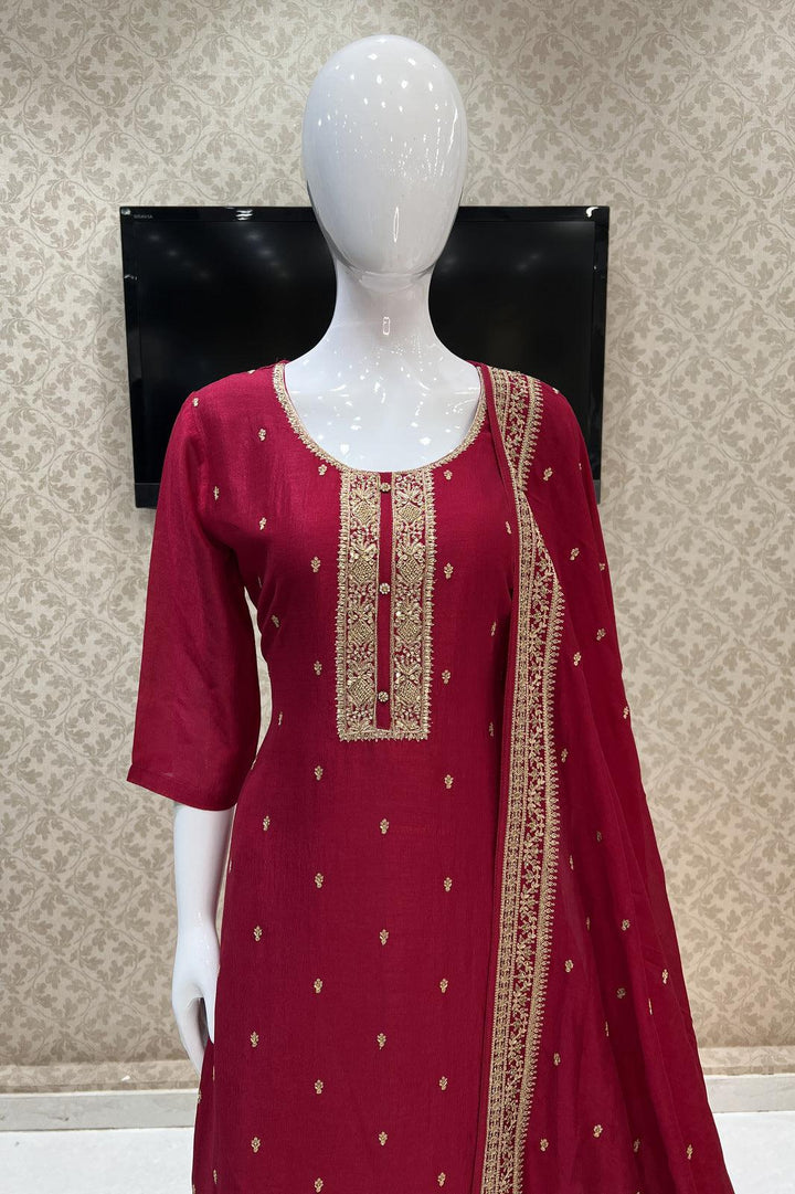 Dark Pink Zardozi, Sequins and Zari work Straight Cut Salwar Suit - Seasons Chennai