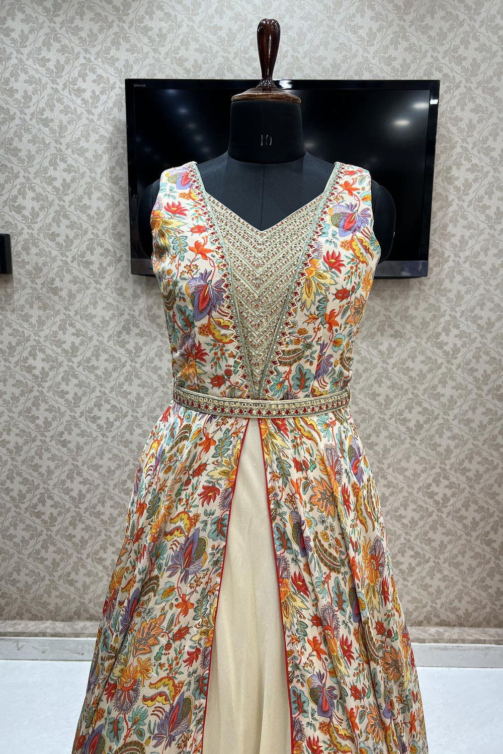 Cream Multicolor Digital Print, Stone, Zardozi and Thread work Floor Length Anarkali Suit - Seasons Chennai