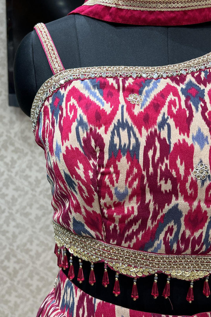 Pink with Patola Print, Zari, Sequins, Mirror and Beads work Crop Top Lehenga - Seasons Chennai