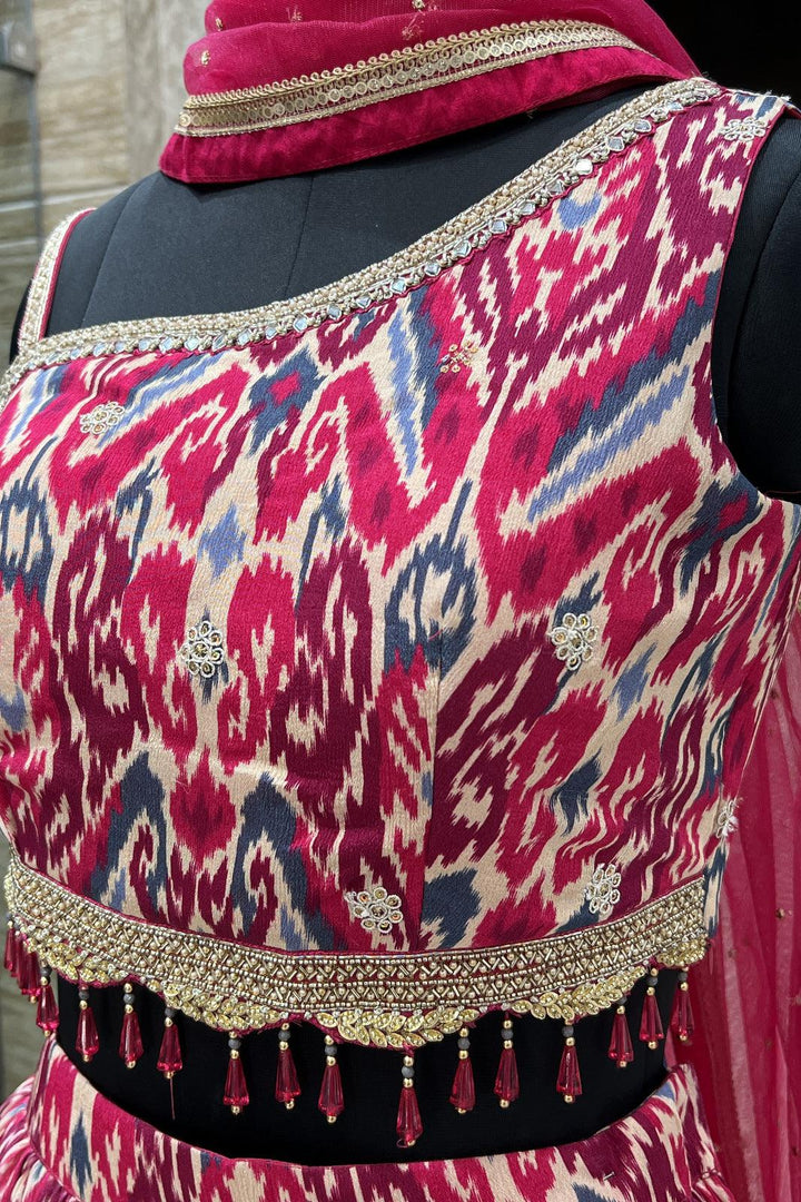 Pink with Patola Print, Zari, Sequins, Mirror and Beads work Crop Top Lehenga - Seasons Chennai