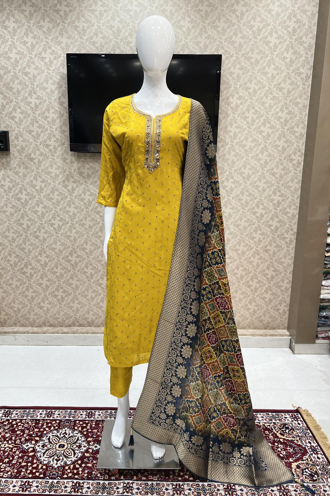 Yellow Zardozi, Mirror, Sequins and Zari work with Patola Print Straight Cut Salwar Suit - Seasons Chennai